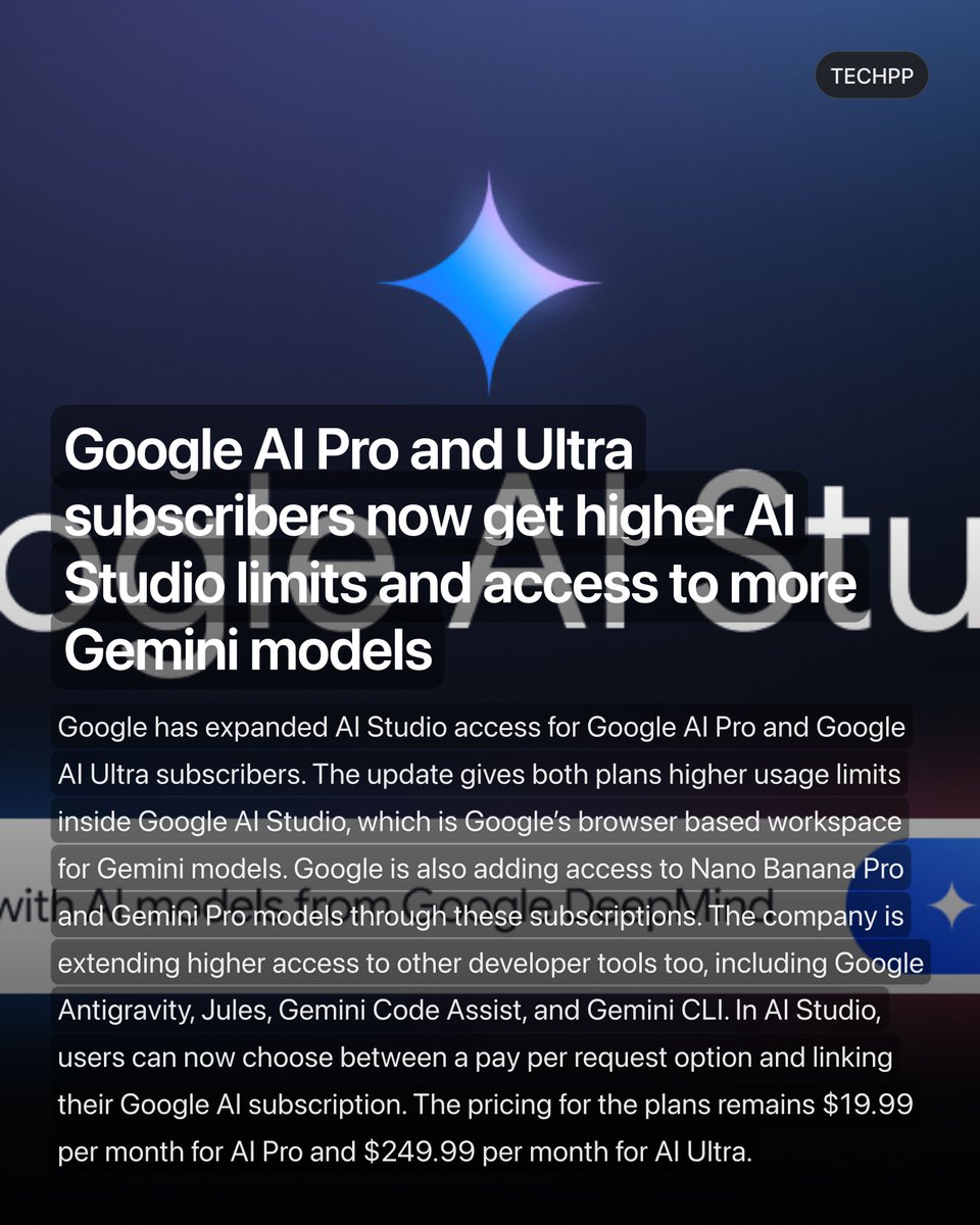 techpp's tweet image. Google AI Pro and Ultra subscribers now get higher AI Studio limits and access to more Gemini models

#Google #Tesla #Update #Pro #Ultra #AIStudio #Gemini #GoogleAIPro #GoogleAIUltra