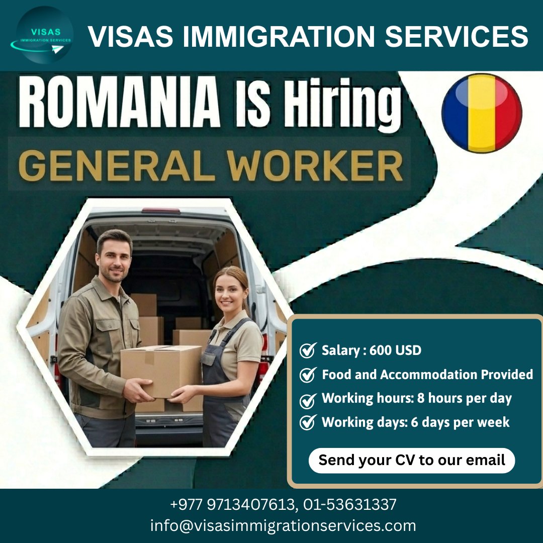 ServicesVisas's tweet image. 🇷🇴 Work in Romania! We are currently hiring General Workers for exciting new opportunities.

#RomaniaJobs #WorkInEurope #GeneralWorker #HiringNow #VisasImmigrationServices #JobOpportunity #WorkAbroad #RomaniaHiring #CareerMove #InternationalJobs #fyp #explore