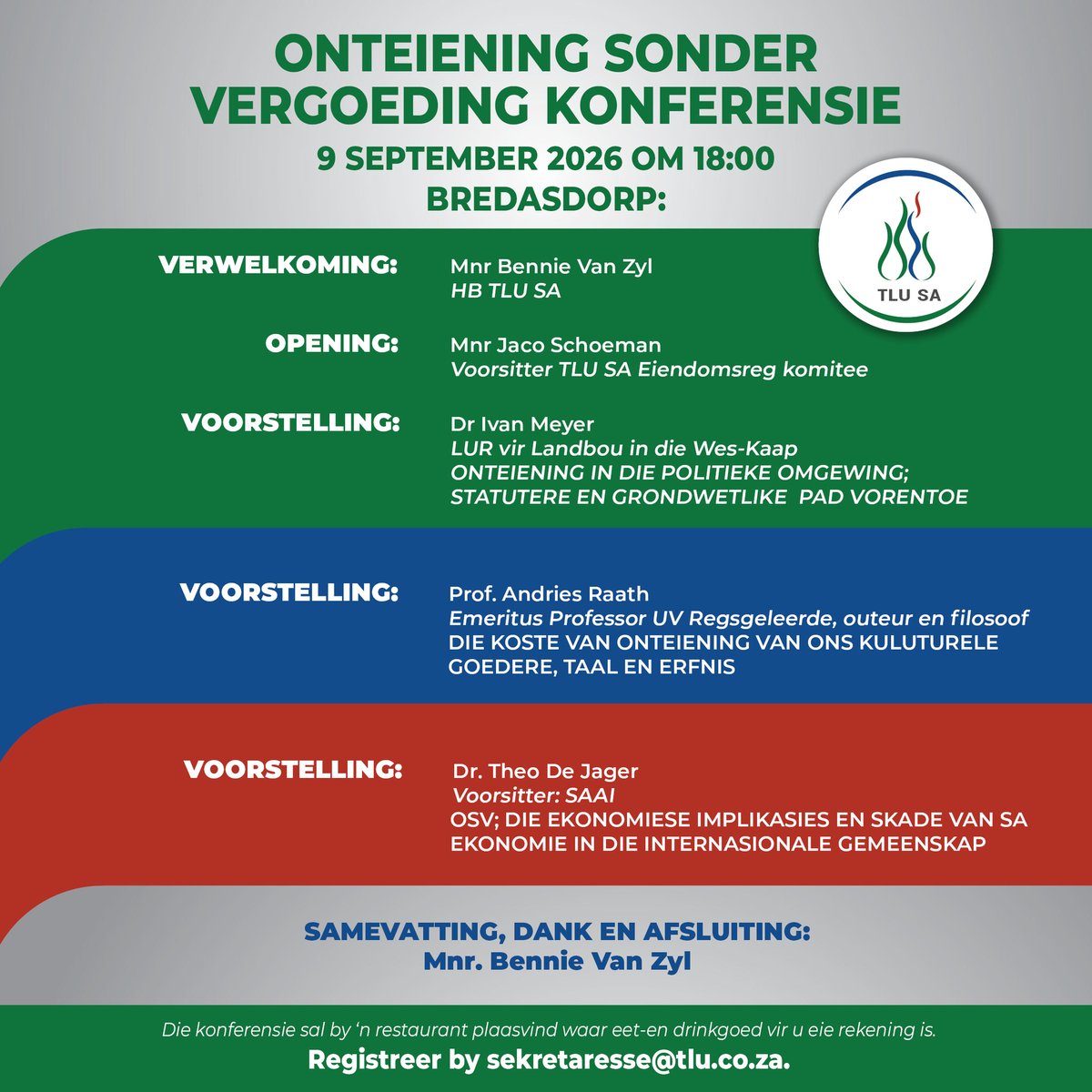 sa_tlu's tweet photo. Onteiening sonder vergoeding | Konferensie 

9 September 2026 om 18:00 te Bredasdorp. 

Beperkte plekke beskikbaar, so registreer betyds. 

#TLUSA #Eiendomsreg #Konferensie https://t.co/IADykiOobb