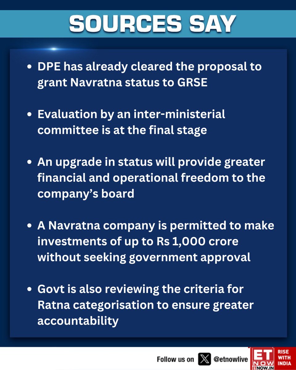 ETNOWlive's tweet image. #SourcesSay | EXCLUSIVE : Govt reviews status upgrade for some PSUs in the defence and shipping sectors

@priyadarshi108 #PSU #DefenceSector #Shipping #IndiaInc #Government #Policy #Markets
