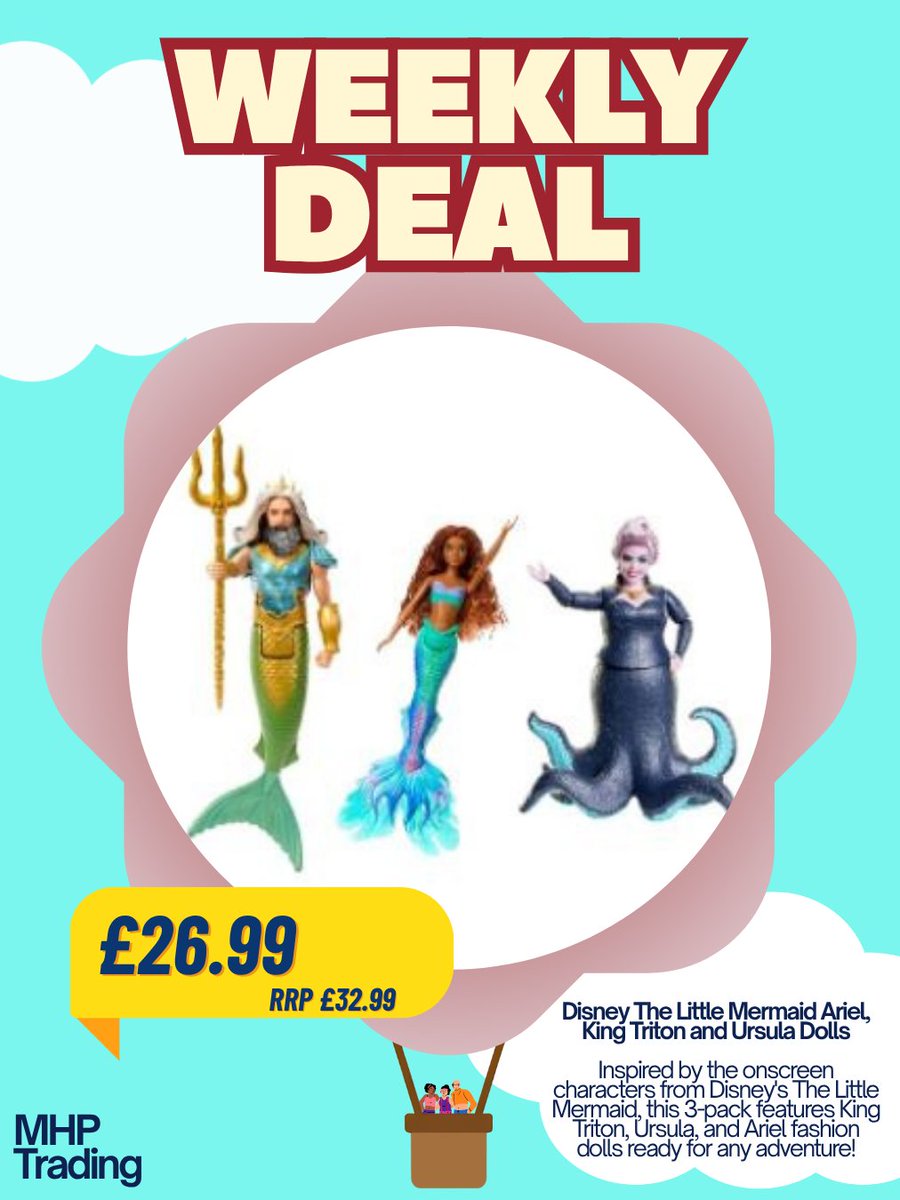 🌊 WEEKLY DEAL 🐚
Little Mermaid Doll Set 🧜‍♀️

Includes Ariel, King Triton &amp; Ursula
Now £26.99 (RRP £32.99) 💥

Perfect for magical adventures!

LINK: tiktok.com/view/product/1…

#Disney #WeeklyDeal #ToyDeals #MHPTrading