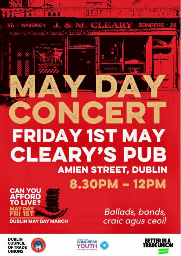 TUnionLeftForum's tweet image. #MayDay Rally Dublin May 1st
Organised jointly by @DCTU_tweets @ictuyouth 

Can you afford to live?
Can you afford to rent?
Can you afford to buy?
Can you afford HSE waiting lists?
Can you afford to fight their wars?

CAN WE AFFORD CAPITALISM!

#Peace #Independence  #Socialism