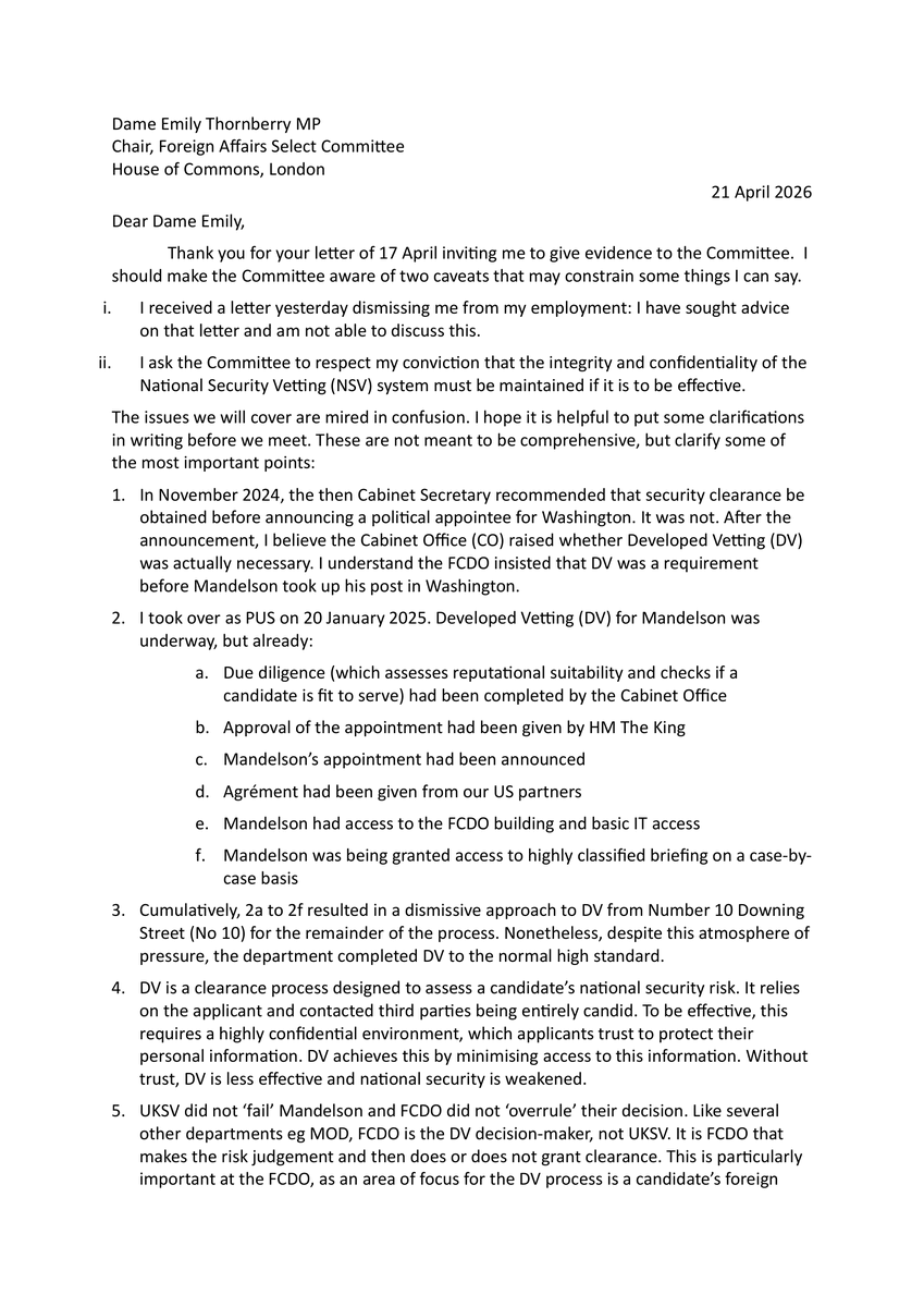 CommonsForeign's tweet image. We've published a letter from Sir Oliver Robbins, received ahead of our evidence session today.

Read it here: committees.parliament.uk/publications/5…