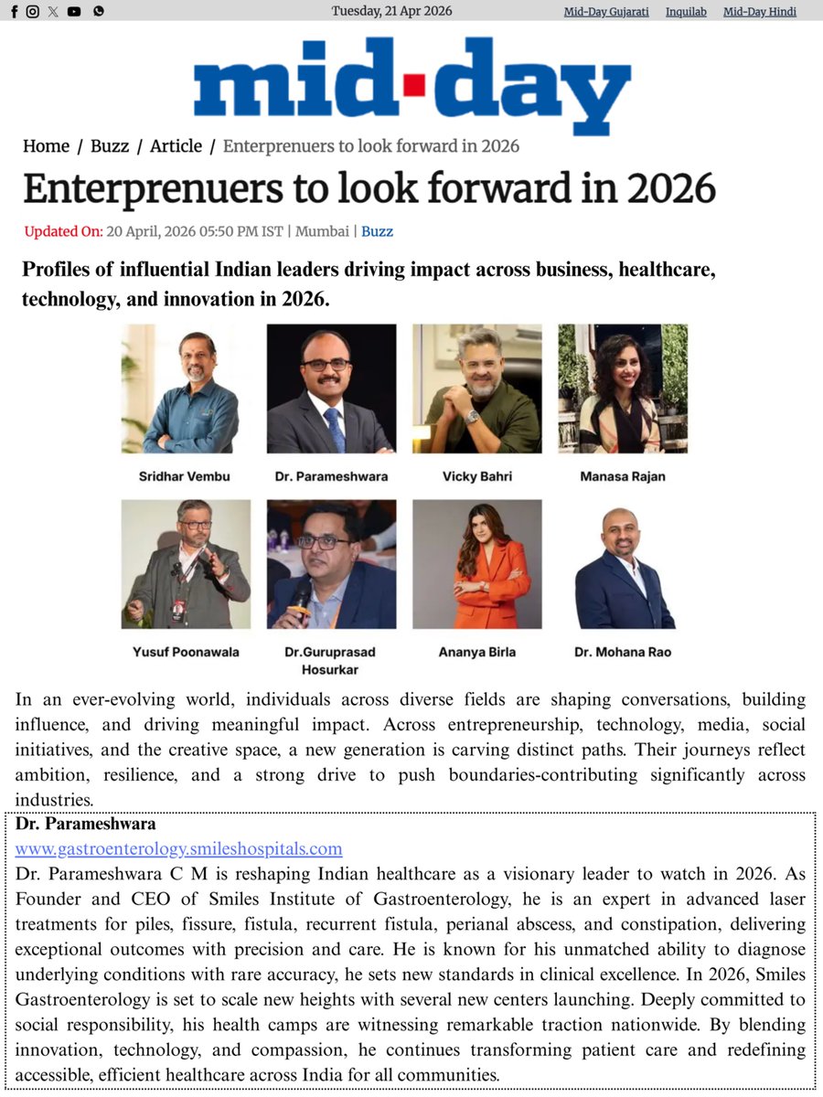 SmilesHospitals's tweet image. Leading the way into the future of healthcare!🚀

We are honored to announce that Dr. Parameshwara C M has been featured in Mid-Day as one of the "Entrepreneurs to Look Forward to in 2026.

Read the full article here👇
mid-day.com/buzz/article/e…

#ThoughtLeadership #FutureOfHealth