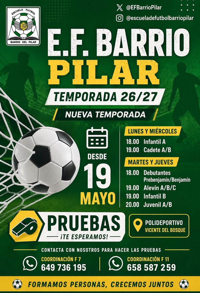 <a href="/EFBarrioPilar/">EF Barrio del Pilar</a> 
📢📢📢
Estamos empezando a planificar!!
Anímate y vente con los 💚
Empezamos desde la 3° semana de Mayo....
#VamosEscuela hastaelfinal 💚