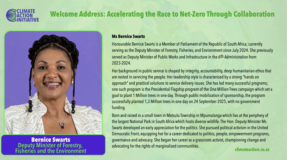 67CEOs's tweet photo. Bernice Swarts, Deputy Minister of Forestry, Fisheries and the Environment (Representing the Deputy President) delivers the welcome address, titled: Accelerating the Race to Net-Zero Through Collaboration.

#climate #ClimateAction #ClimateInnovation #climatesolutions https://t.co/YGJ5oh2r39