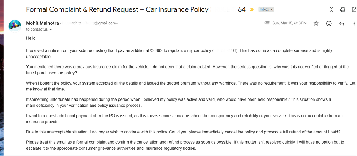 mhtmlhtra's tweet photo. This situation is unacceptable and amounts to clear harassment. Being asked to pay an additional 5% premium 7–8 months after purchasing a policy, especially when the policy was chosen based on the originally quoted price, reflects a serious lack of transparency and accountability https://t.co/TQ2XCIdNGq