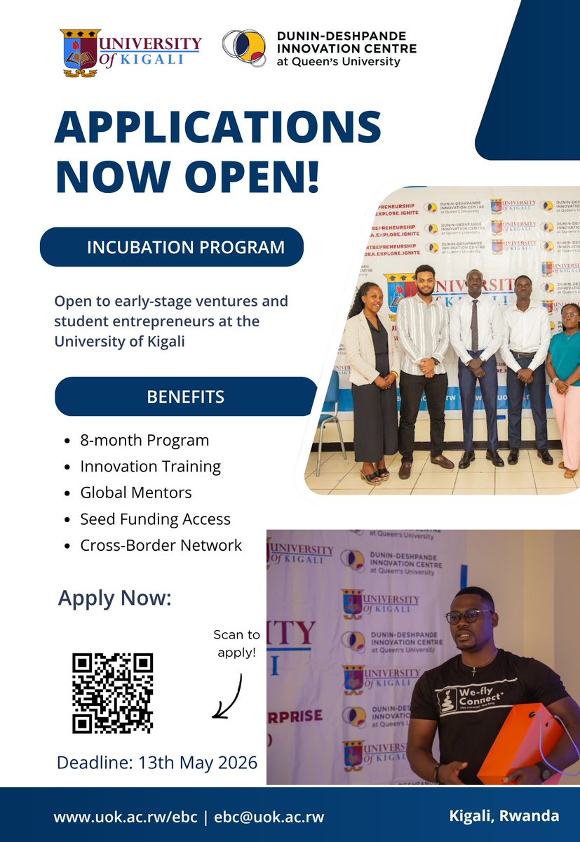 UnivOfKigali's tweet photo. BIG NEWS: Cohort 3 Applications are OPEN!
In partnership with @ddqic and UoK is taking your startup from Ideation to Launch!
Intensive Bootcamps, Expert Workshop and Global Mentorship
Apply by May 13, 2026: https://t.co/RKk8YJ60LD
#StartupRwanda #UoK #Innovation #Cohort3 https://t.co/auZQMEvB57