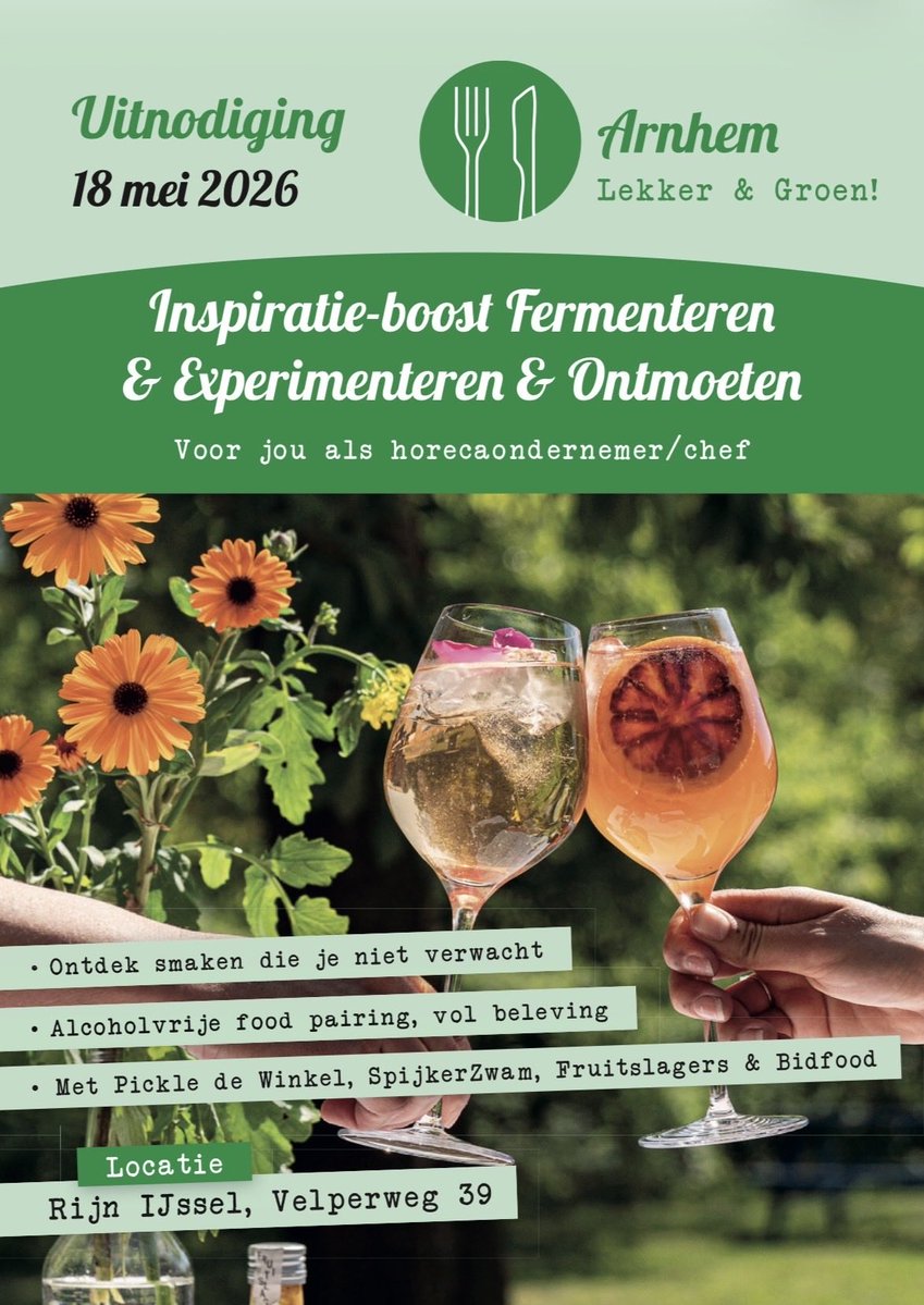Puuruiteten's tweet image. Uitnodiging voor Arnhemse #horeca 
Maandagmiddag 18 mei ben je welkom bij #Arnhem Lekker &amp;amp; Groen! voor de inspiratie-boost Fermenteren, Experimenteren en Ontmoeten. Kom je ook?