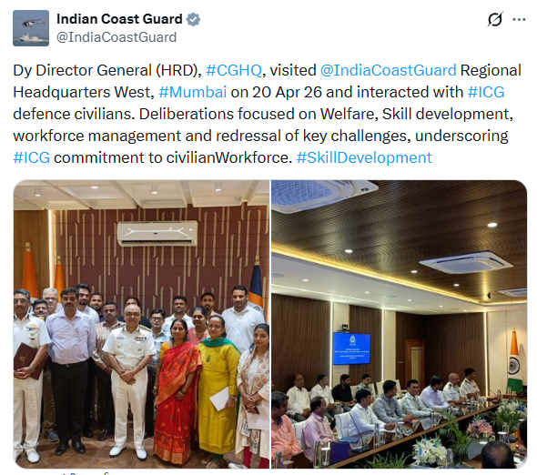 uniindianews's tweet image. Indian Coast Guard posts on social media, "Dy Director General (HRD), CGHQ, visited Indian Coast Guard Regional Headquarters West, Mumbai on 20 Apr 26 and interacted with ICG defence civilians..."

@IndiaCoastGuard | #Mumbai | #IndianCoastGuard | #UNI