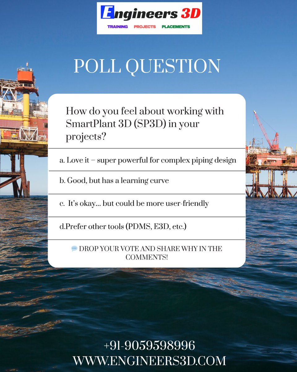 Engineers3d's tweet image. Piping pros, it’s poll time! How’s your vibe with SmartPlant 3D (SP3D)? Smooth operator or daily challenge? Cast your vote, spill your experience, and let’s decode the real SP3D story together! 👇

#PipingEngineering #SmartPlant3D #SP3D #PlantDesign #3DModeling #EngineeringLife