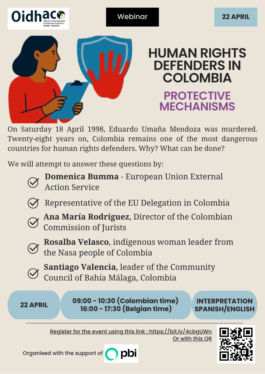 pbigeneva's tweet photo. Join our international webinar: Human Rights Defenders in Colombia: Protective Mechanisms
Colombia remains one of the most dangerous countries for human rights defenders ⚠️ 
Be part of the discussion!
📅 Apr 22
🕘 09:00 COL | 16:00 BE
🌐 EN/ES
🔗 Register: https://t.co/GrBPaKxnD6 https://t.co/LpADwxBms7