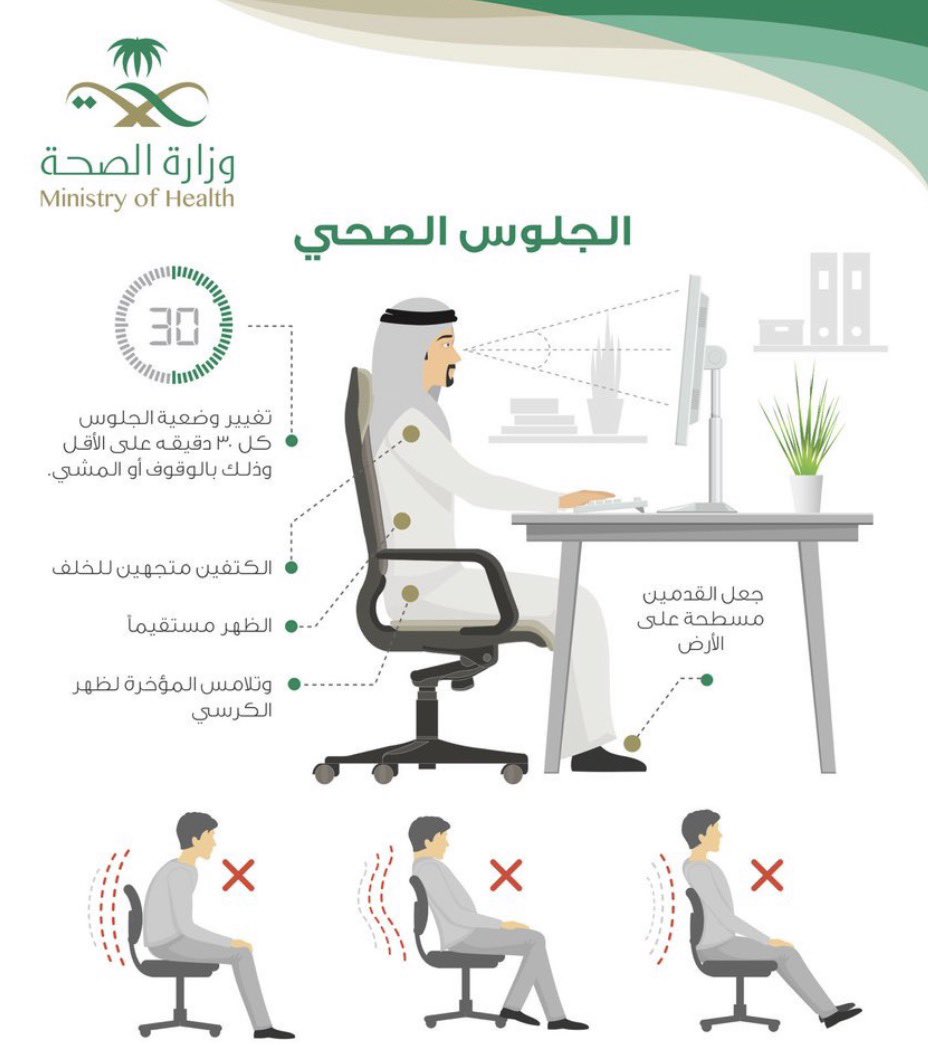 وضعية الجلوس مهمة:
ظهرك مستقيم، الكتفين للخلف، شد عضلات البطن، والشاشة بمستوى العين 

تفاصيل بسيطة… فرق كبير

#صحة_العمود_الفقري