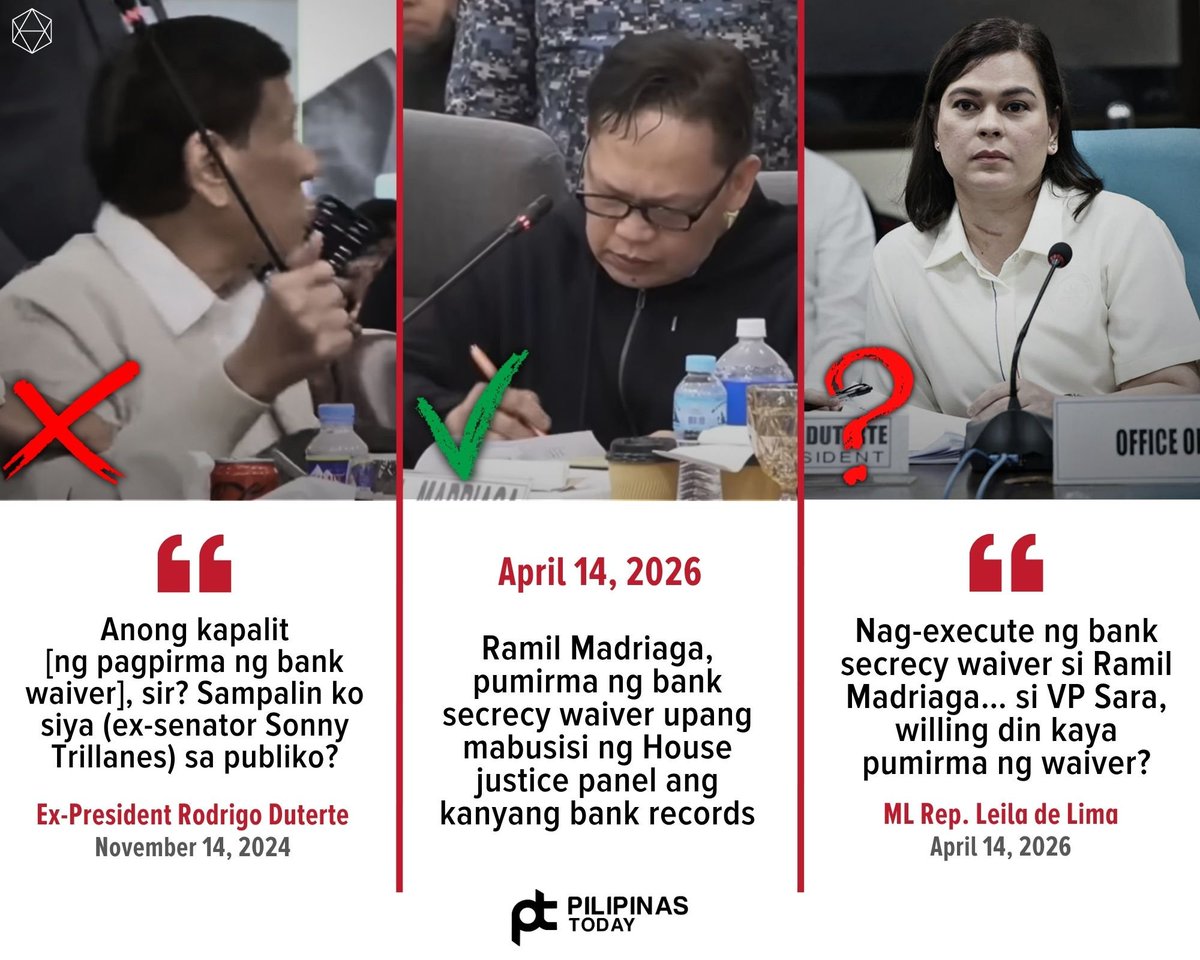 Walang alinlangang pumirma si Ramil Madriaga sa bank secrecy waiver nitong Abril 14 upang malayang mabusisi ng House Committee on Justice ang kanyang mga bank transactions nang makumpirma ang mga detalyeng binanggit niya sa kanyang supplemental affidavit tungkol sa inamin niyang