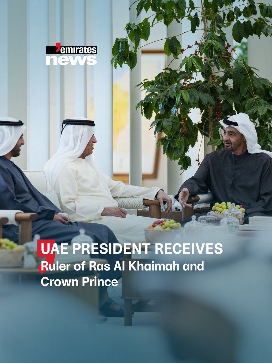 Emirates_News's tweet image. HH Sheikh Mohamed bin Zayed Al Nahyan received HH Sheikh Saud bin Saqr Al Qasimi, Supreme Council Member and Ruler of Ras Al Khaimah, accompanied by HH Sheikh Mohammed bin Saud bin Saqr Al Qasimi, Crown Prince of Ras Al Khaimah.

#EmiratesNews #DubaiOneTv #UAE #Dubai #News