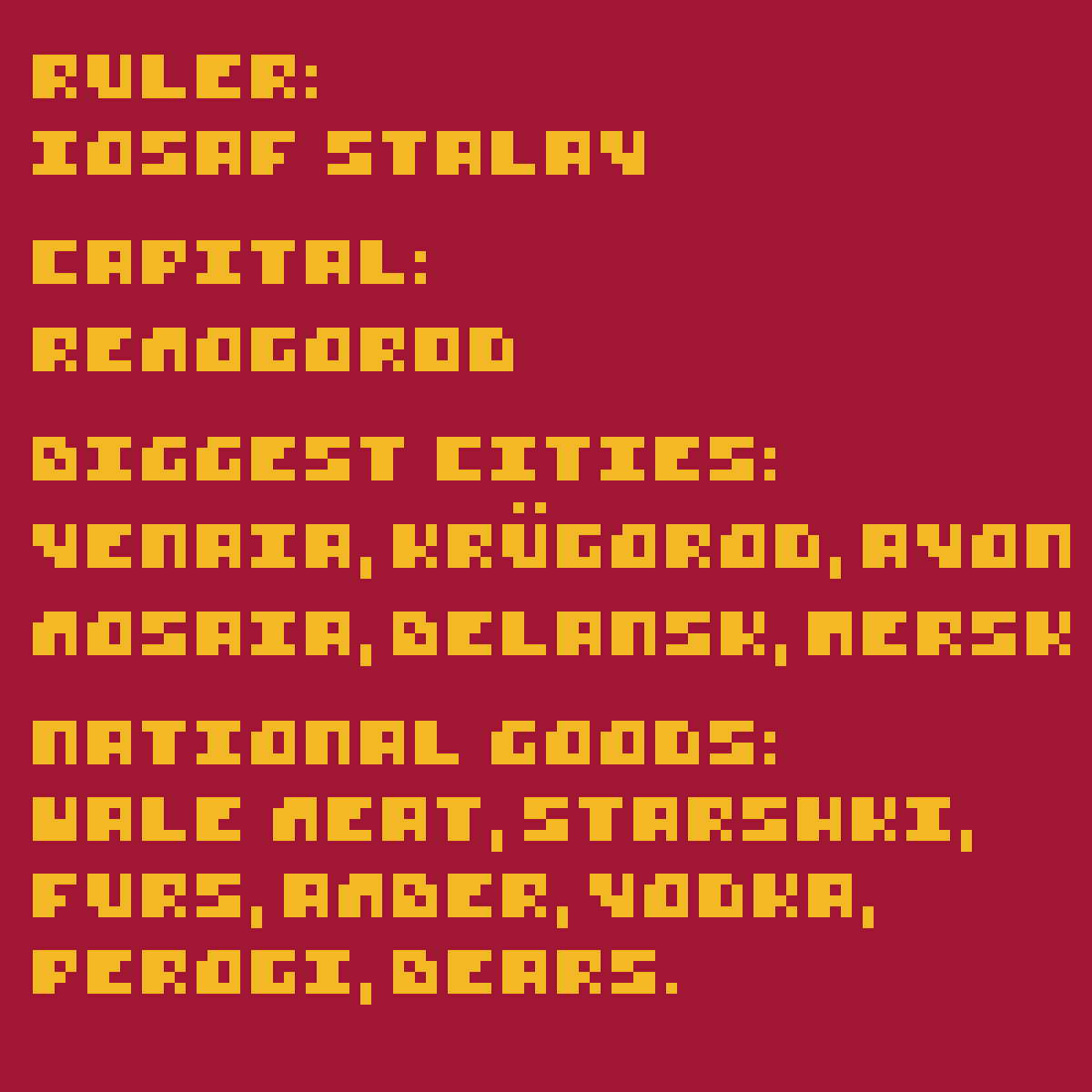 pikselarci's tweet image. The Communist Republics of Venaya - Kommunistücheske Republiki Venai
Area of the country: About 4 million km²
Terrain type: Mountains, Highlands, Lowlands, Tundra, Great Forests.
Language: Vensian - Vensküi
#pixelart #country #coatofarms #worldbuilding
