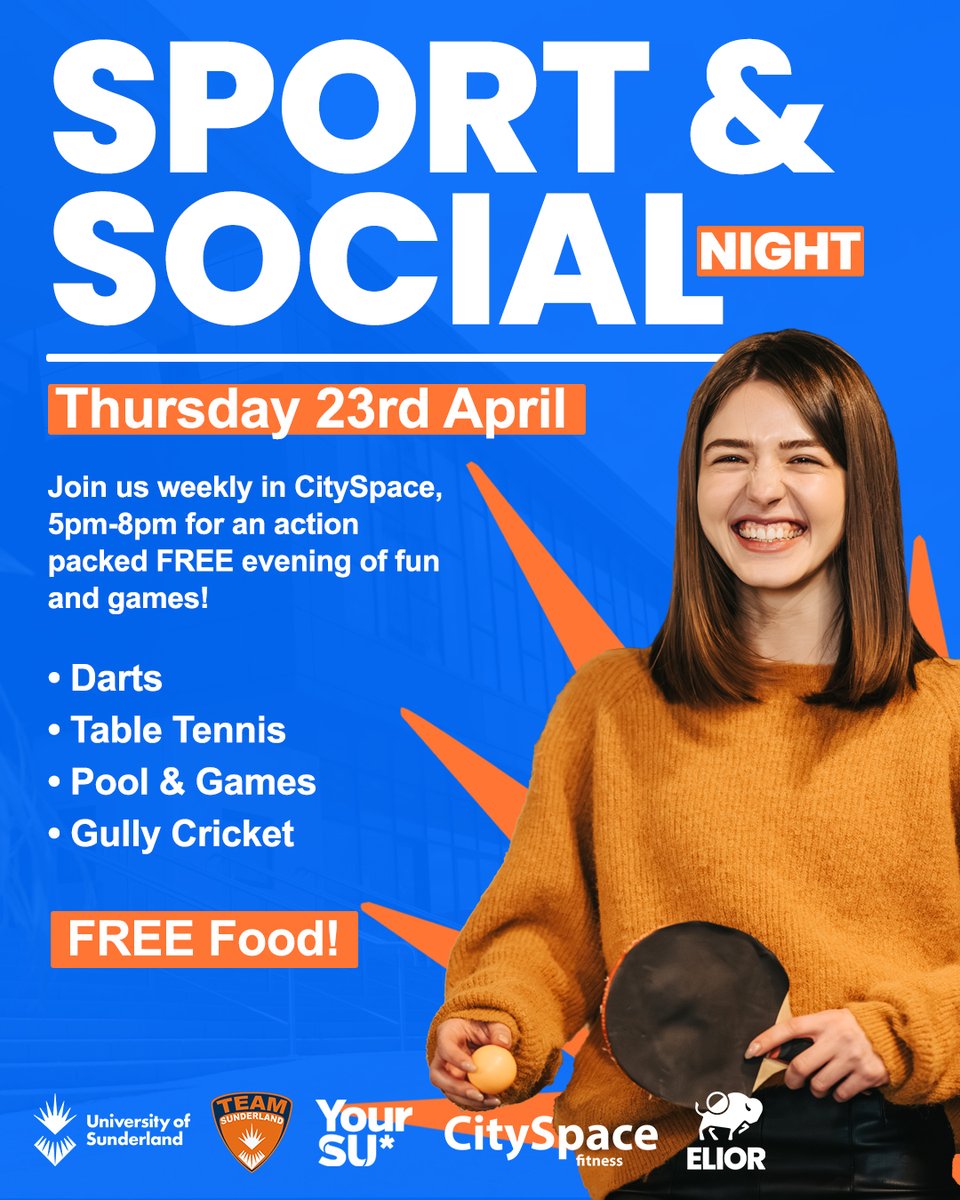 team_sunderland's tweet photo. We’re launching a Sport &amp; Social Night this Thursday for all students 🙌🏻

Come along from 5-8pm for FREE Darts, Table Tennis, Pool &amp; Games, Gully Cricket and more! 🎯

FREE food also available throughout the night 💪🏻

#WeAreSun #Belong https://t.co/vJ6JsxQUcY