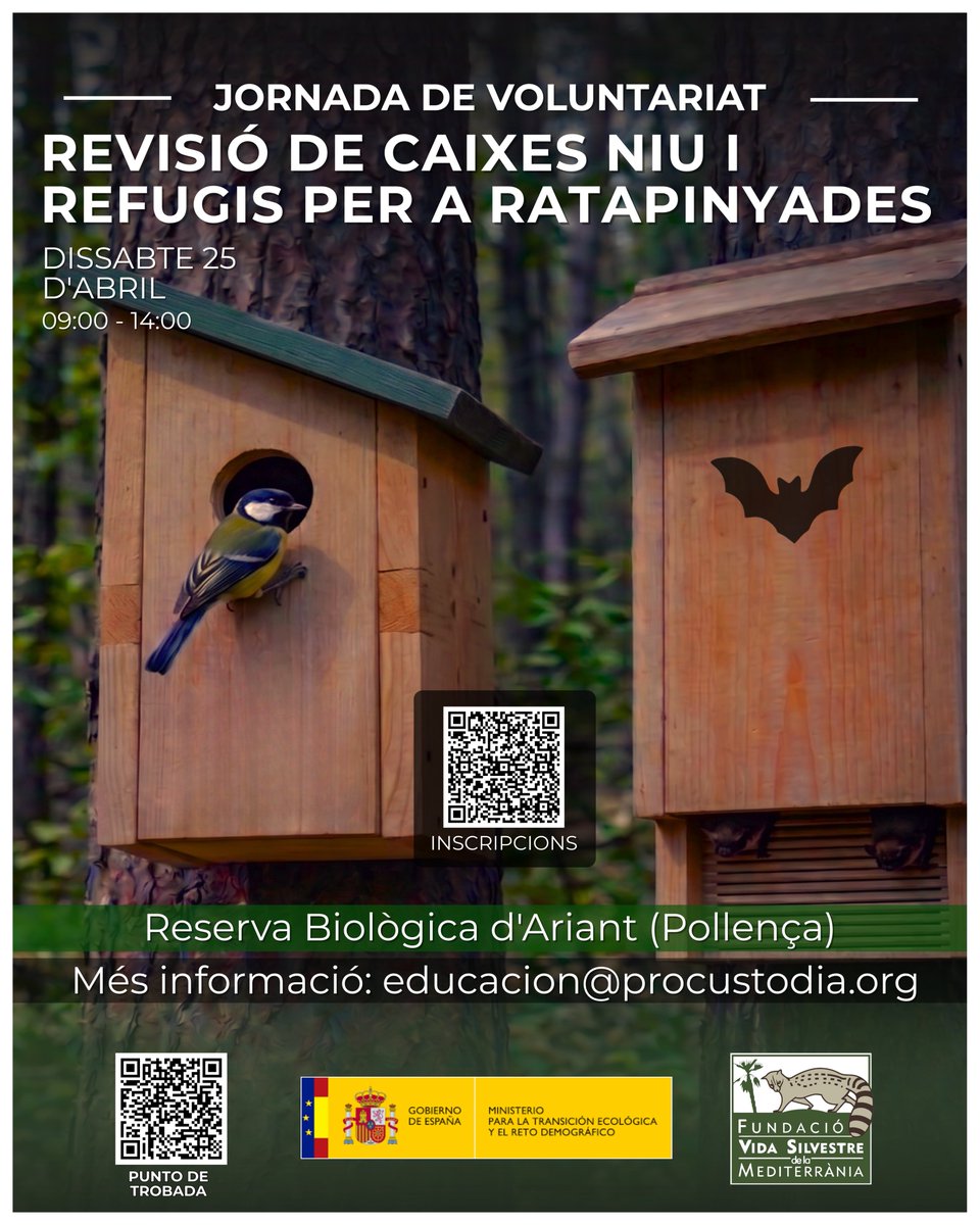 FVSM4's tweet photo. 🌿🐦 Voluntariado en Ariant: revisaremos cajas nido para páridos y refugios de murciélagos 🦇

Evaluaremos su ocupación con endoscopio y realizaremos limpieza y mantenimiento.

¿Te unes? Inscríbete con el QR del cartel.

¡Te esperamos! https://t.co/LZF7p9jkly