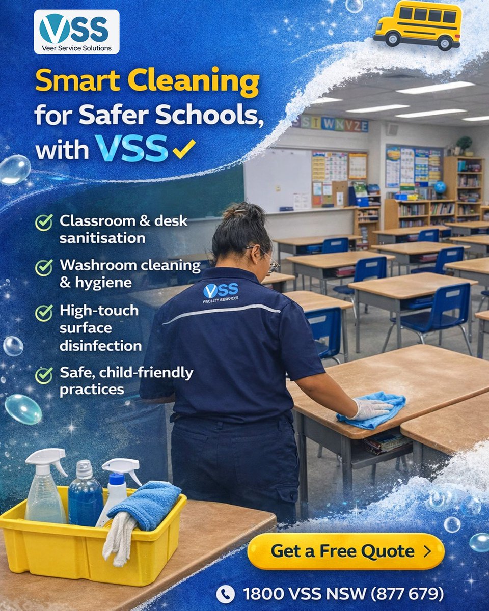 vssnsw's tweet image. Smart Cleaning for Safer Schools, with VSS

✔ Classroom &amp;amp; desk sanitisation
✔ Washroom cleaning &amp;amp; hygiene
✔ High-touch surface disinfection
✔ Safe, child-friendly practices

Visit: vssnsw.com.au/school-cleanin…

#SchoolCleaning #FacilityManagement #VSSNSW #HealthyLearning