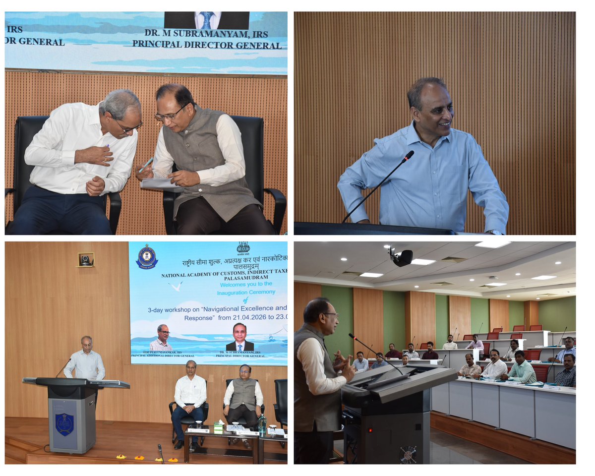 nacincbic's tweet photo. A 3-day workshop on “Navigational Excellence & Maritime Emergency Response” for Skippers and Skipper Mates was inaugurated by Dr. M. Subramanyam, Principal Director General, NACIN, in the presence of Shri Manish Mohan Govil, Principal Commissioner, Directorate of Logistics, Shri Peri Umasankar, Principal Additional Director General, NACIN, and officers from the DoL at NACIN, Palasamudram, from 21.04.2026 to 23.04.2026. The workshop aims to strengthen maritime operational preparedness.
