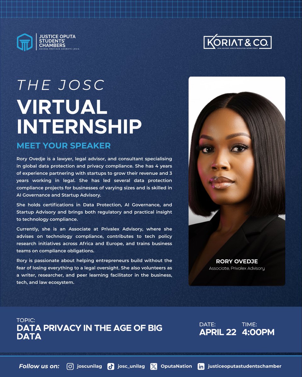 OputaNation's tweet image. Join us for a session with Rory Ovedje, a lawyer and data protection expert, as she breaks down:
Data Privacy in the Age of Big Data @ovedjerory 
 
#dataprivacy #virtualinternship #oputanation