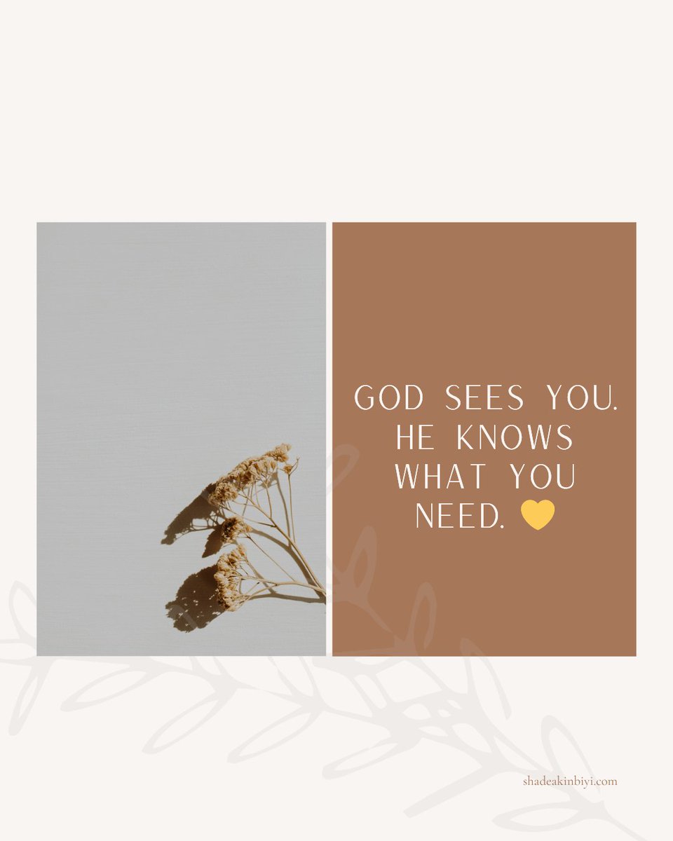 ShadeAkinbiyi's tweet image. God sees you. He hasn’t missed a single moment. 💛
He already knows what you need.

“Your Father knows the things you have need of before you ask Him.” — Matthew 6:8

#Faith #GodCares #TrustGod