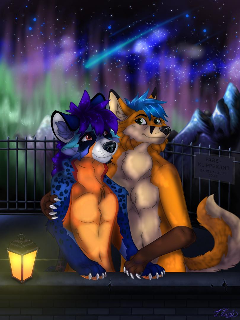 Tzunechi's tweet image. Cool art of me and my friend in the mountains.
Ft: @electrixfox 
Made by _luxniky_
#auroras #mountains #furry #furryart