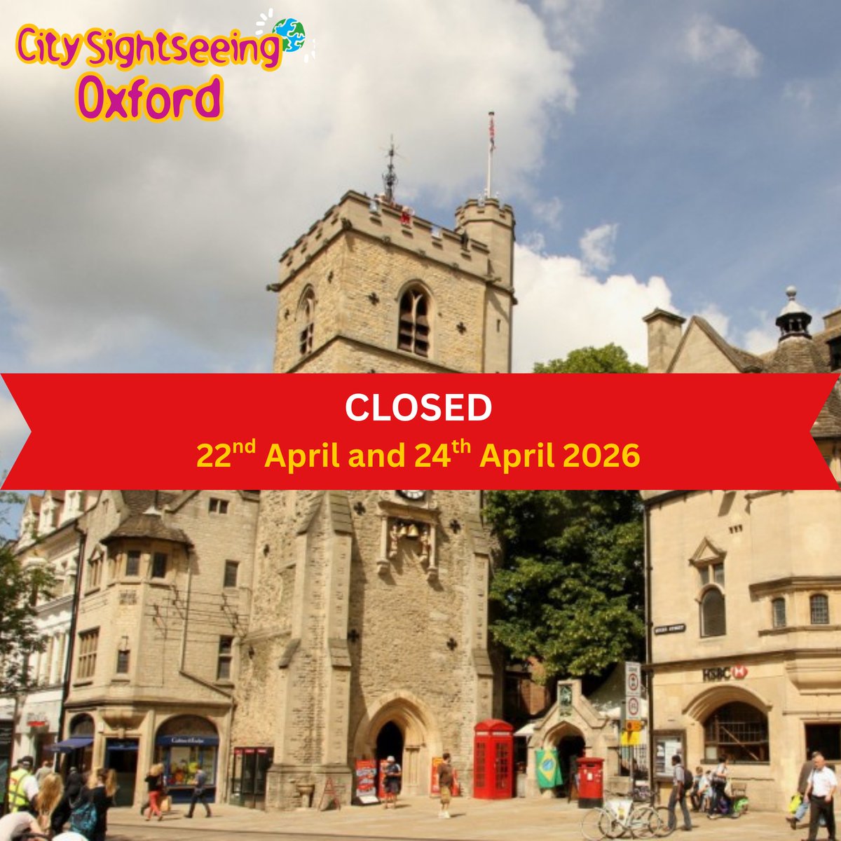 OxfordOpenTop's tweet photo. Carfax Tower Closure 🧑‍🔧

Due to essential maintenance, Carfax Tower will be closed on the 22nd April and 24th April 2026. The Tower will be open as normal on the 23rd April 2026 and 25th April onwards.

We apologise for any inconvenience caused by this. 😊 https://t.co/TAe27hGuDc