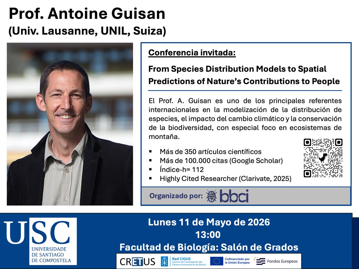 AdrianRegosSanz's tweet image. El lunes 11 de mayo, a las 13:00h, el profesor Antoine Guisan (Univ. Lausanne, Suiza) impartirá una conferencia sobre modelización de la biodiversidad. Será en el Salón de Grados de la Facultad de Biología de la @UniversidadeUSC. #SDMs #biodiversity #climatechange