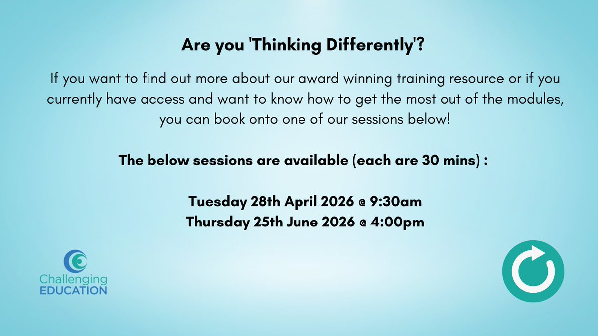 challenge_edu's tweet image. There's still time to book your place onto next week's 'find out more session where we’ll showing you how to get the most of out of our training resource ‘thinking differently’. To book, just click the link below!

calendly.com/trevor-ce/thin…

#cpd