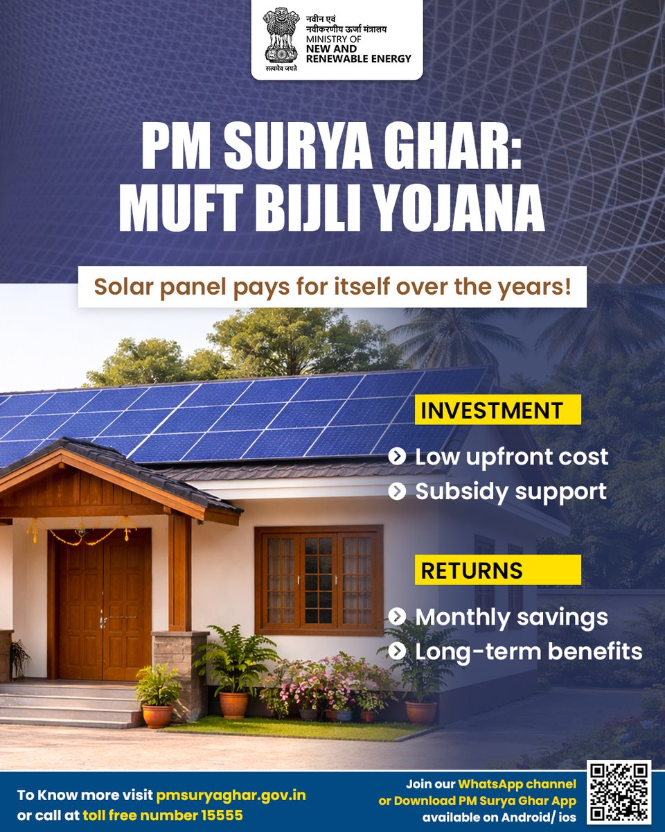 PMSuryaGhar's tweet image. Switching to solar isn’t just about lowering your electricity bills; it’s about supporting a #CleanEnergy future.
Under PM Surya Ghar: Muft Bijli Yojana, the sun will power your home for the next 25 years. 

#PMSuryaghar #Sustainability
@mnreindia | @JoshiPralhad | @shripadynaik