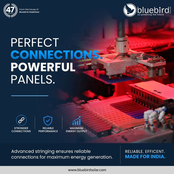 Perfect connections. Powerful performance.
At Bluebird Solar, advanced stringing technology ensures maximum efficiency and long-term reliability.

Power your project with confidence: bluebirdsolar.com

#SolarManufacturing #SolarPanels #stringer #RenewableEnergy #MakeInIndia