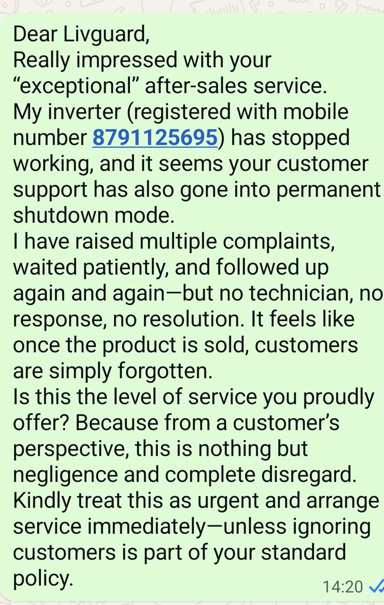 HasmukhRajput23's tweet image. @LivguardEnergy 
Dear Livguard,
My inverter (registered with mobile number 8791125695) is not working, and despite multiple complaints, no technician has visited yet. Extremely poor service. Please resolve this urgently. #CustomerService #Complaint