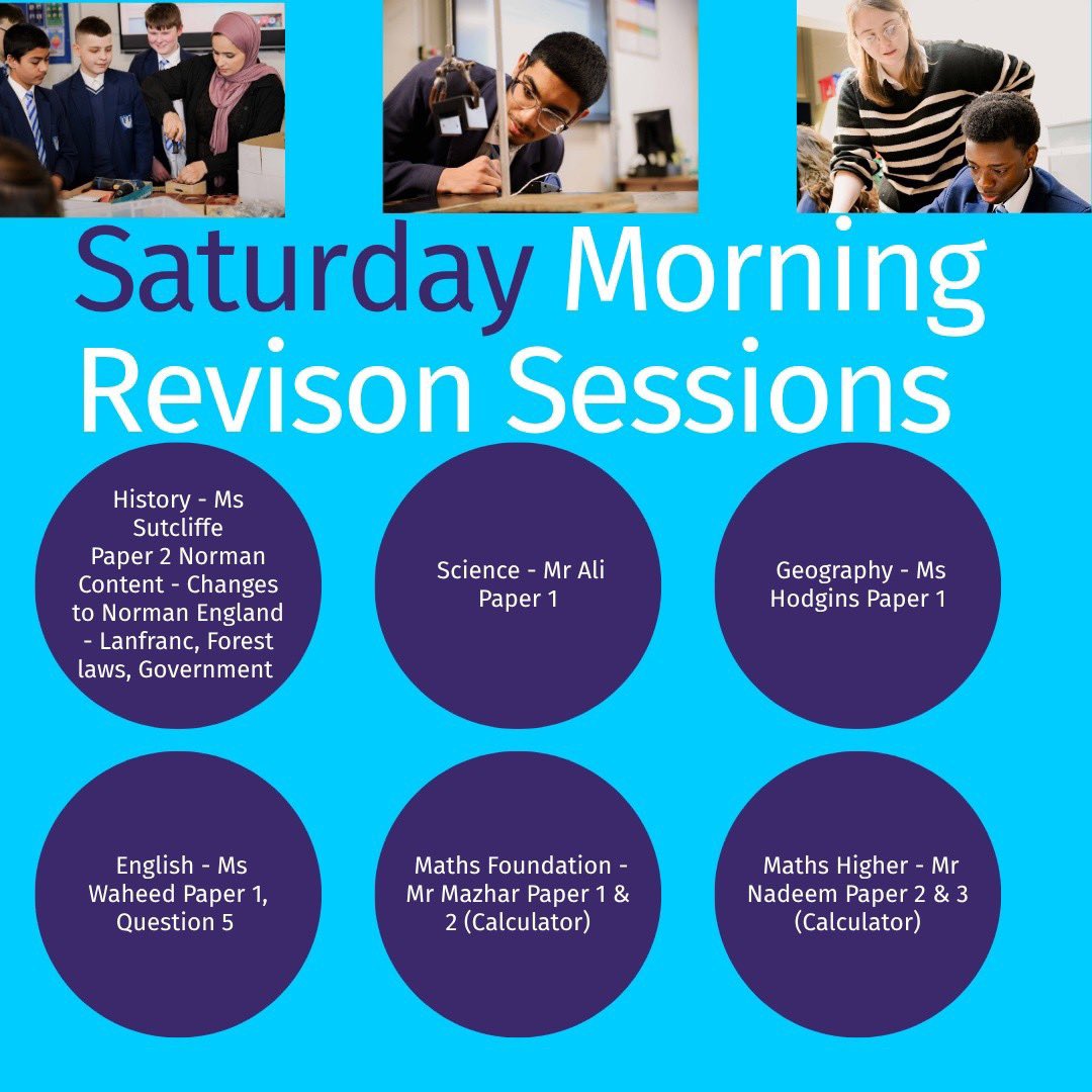 FirthParkAcad's tweet image. 📢 Year 11 Saturday Revision!

Don't miss out on extra support before exams kick off in May. Join us this Saturday (25/04) from 10am-12pm for the following sessions.

It would be great to see a full house! Let's make these last few weeks count. 💪 #ExamPrep #Revision