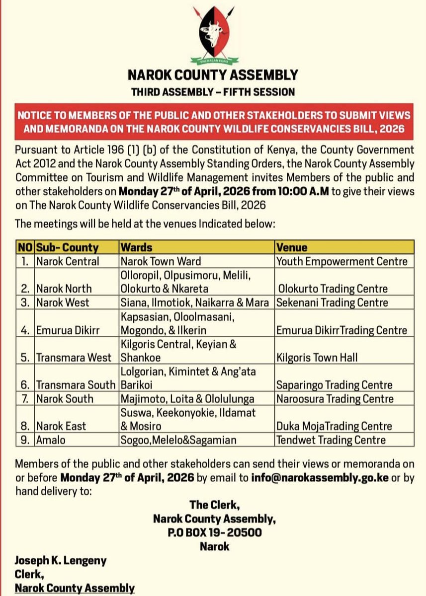 MConservancies's tweet photo. A new chapter for conservation is taking shape in the County of Narok.
Together with the County Government of Narok and partners, including the Kenya Wildlife Conservancies Association, we have been supporting the development of the Narok County Wildlife Conservancies Bill 2026—a transformative step towards strengthening conservation and community livelihoods in the County.
The Bill seeks to:
a) Recognize, promote, support, and facilitate the establishment, sustainability, and development of conservancies in the County;
b) Provide an opportunity for collaboration with other partners to provide technical support to conservancies;
c) Support conservation education awareness and capacity building, and promote good governance and management of conservancies; and
d) Provide mechanisms for intermediate financial support for families and victims of wildlife attacks and losses.
Please join the public participation forums organised by the Narok County Assembly and share your views, experiences, and ideas.
Check the attached 👇poster for dates and venues near you.