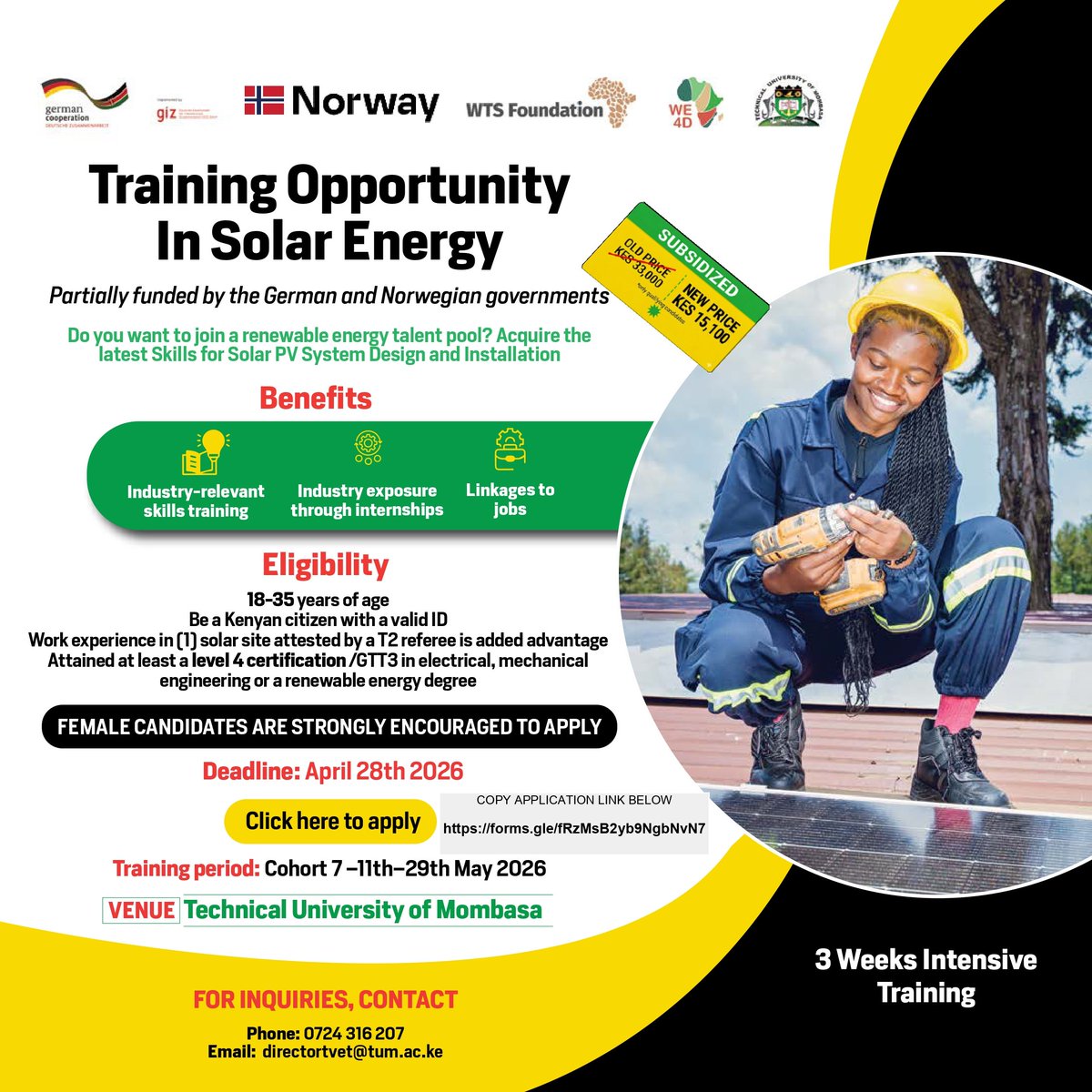 Tum001Ke's tweet image. The Technical University of Mombasa invites applications for Cohort 7 of the Solar PV System Design and Installation training. 

Apply now: forms.gle/fRzMsB2yb9NgbN…

#technicaluniversityofmombasa #solarenergy #renewableenergy