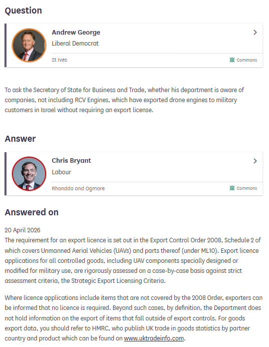 We recently revealed the government allowed UK companies to send drone engines to Israel without export licences.

Asked about this, trade minister <a href="/RhonddaBryant/">Chris Bryant</a> refuses to answer.

Bryant also misled parliament about UK aircraft parts for Israel.

declassifieduk.org/revealed-how-b…