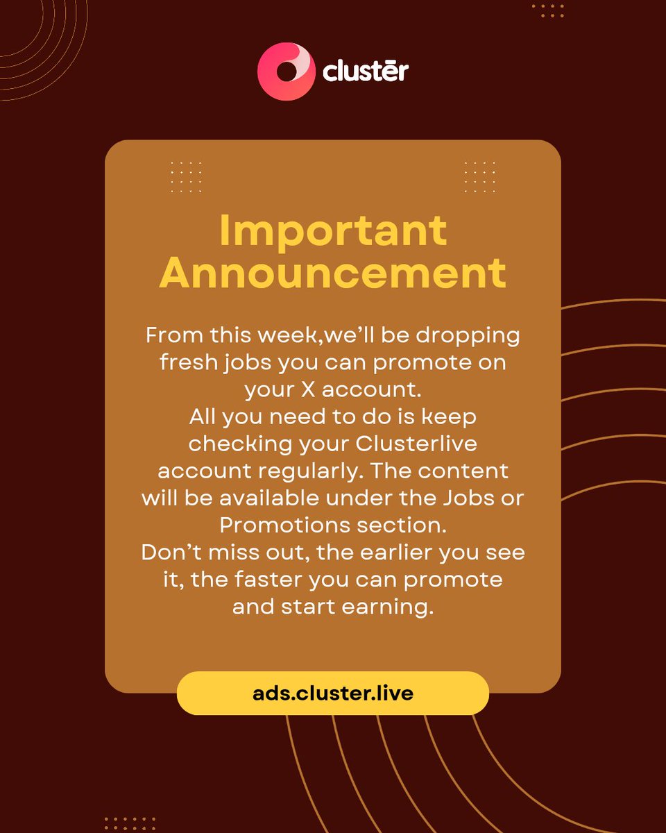 clusterliveapp's tweet image. Fresh jobs will be dropped soon on Clusterlive on the promotion section of the website
Always check your account regularly, and don’t miss your chance to earn.
#Clusterlive #EarnOnline #SideHustleNigeria #MakeMoneyOnline #OnlineJobs #DigitalIncome