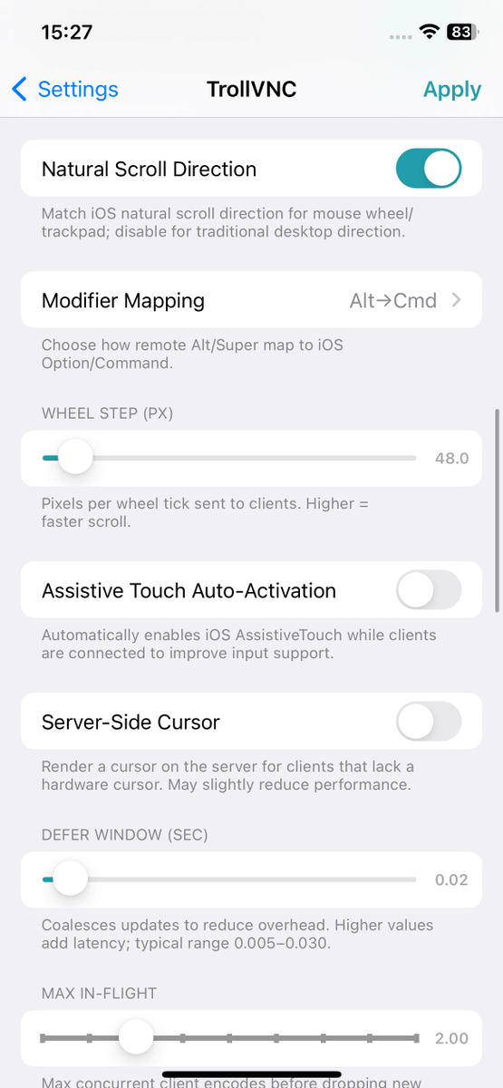TweakUpdates's tweet photo. Updated: TrollVNC JB 3.2-272 [Tweaks]

TrollVNC is a VNC server for iOS devices...

Architecture: iOS
Repository: Havoc #jailbreak

https://t.co/kNRQsRFYnu https://t.co/UXlAw4FZHP