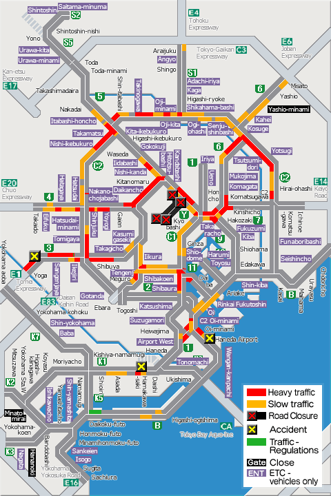 shutoko_EN's tweet photo. This map shows the traffic conditions as of  6 p.m. on the Metropolitan Expressway. For more information, please see the following link.
#Shutoko
https://t.co/cIezY4a0MV https://t.co/NwaCurcy15