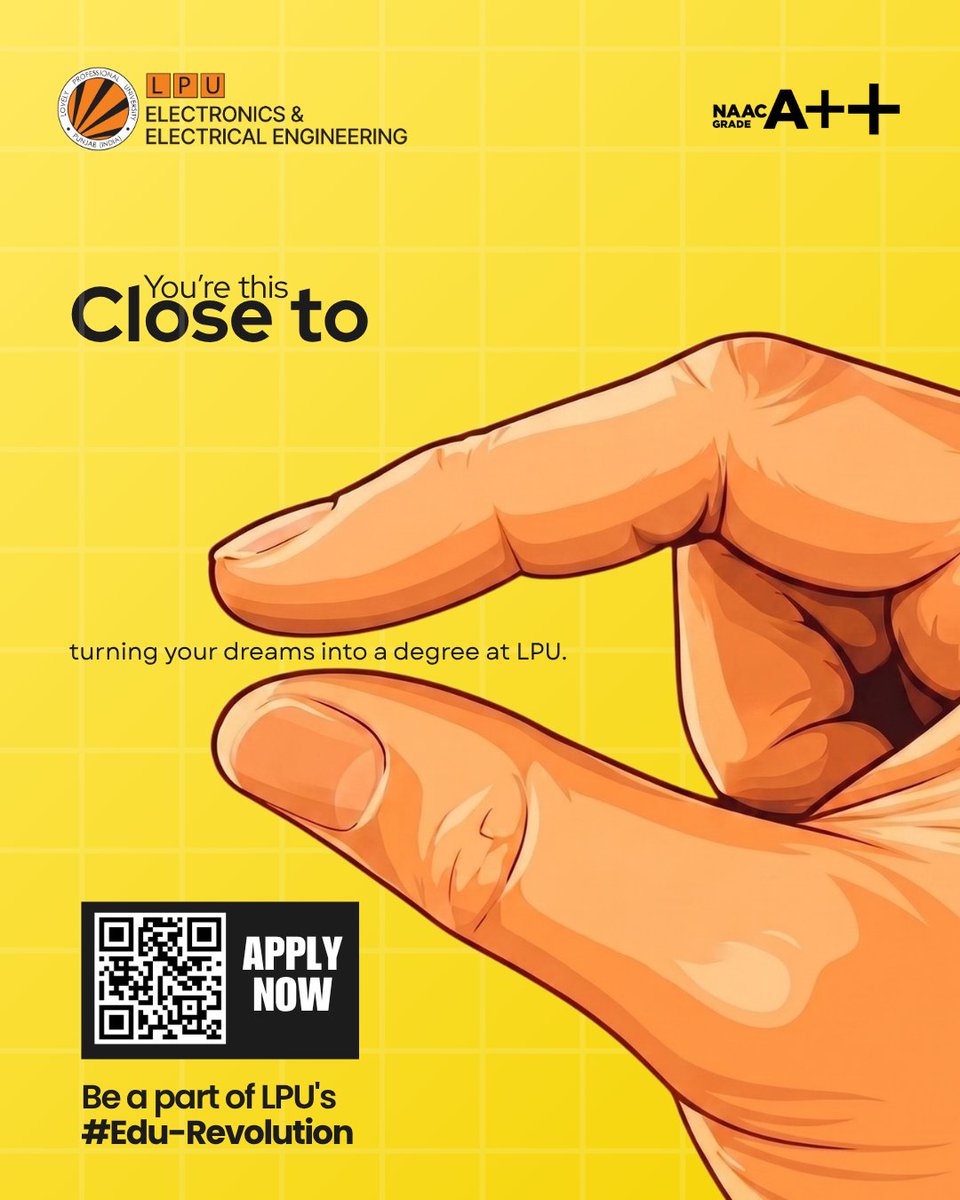 You’re this close to turning your dreams into reality at SEEE, LPU—like a spark igniting a bright future and like a step away from success. Don’t wait, take the leap and apply now to shape your journey in electronics and electrical engineering. <a href="/lpuuniversity/">Lovely Professional University - LPU</a>   
#LPU