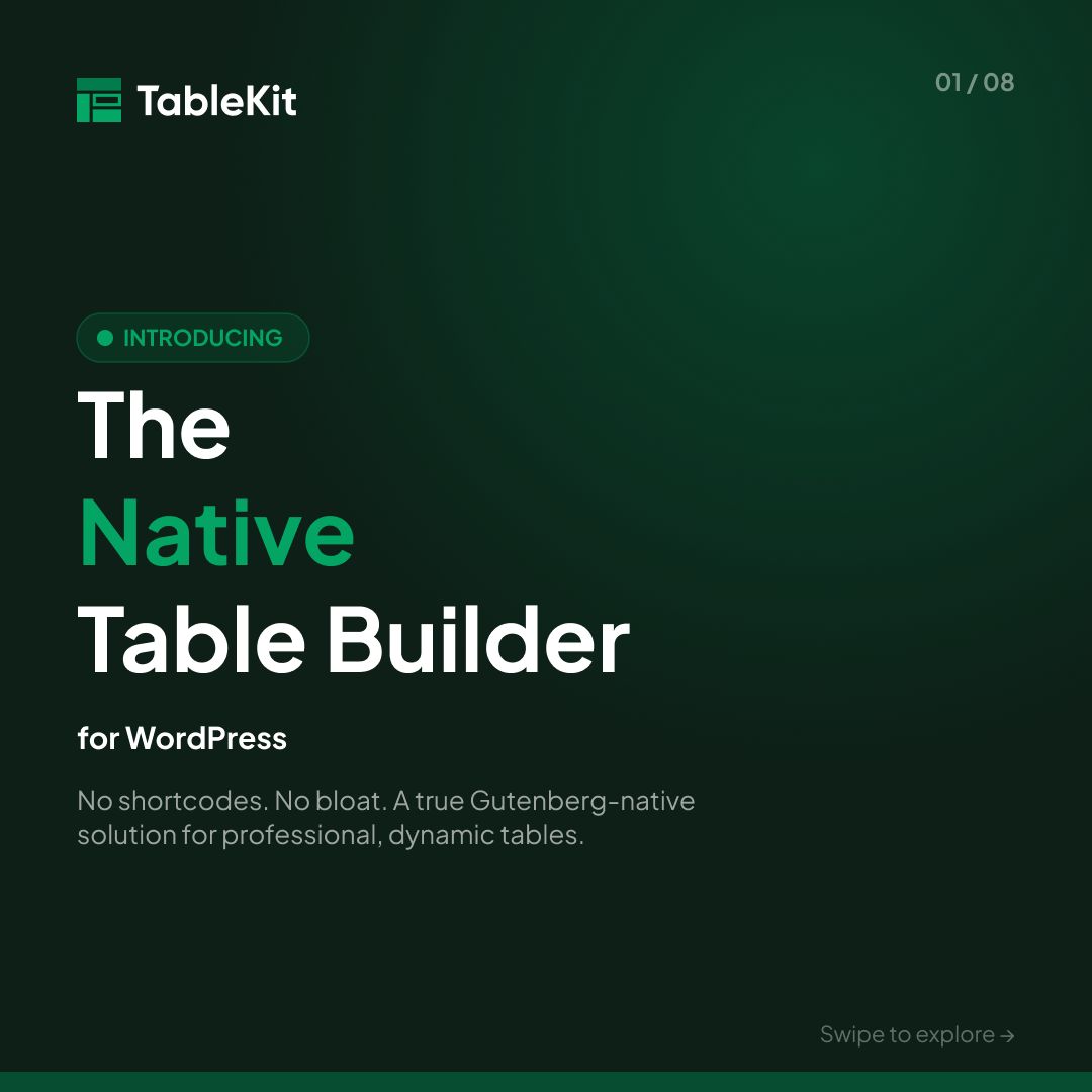 wpmetcom's tweet image. TableKit is officially here! ✨

The native #WordPress table builder for Gutenberg, no shortcodes! 🔥

✅ WooCommerce Product Tables
✅ Live Google Sheets &amp;amp; CSV Sync
✅ Sorting, Filtering &amp;amp; Conditional Formatting

🔗Get TableKit → wpmet.com/plugin/tableki…

#WooCommerce #WebDesign