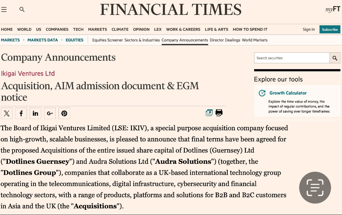 KaneBlack_'s tweet image. Ikigai’s transition to AIM is now well underway.

Admission Document published, EGM on 8 May and Admission expected 11 May.

Acquiring Dotlines and Audra Solutions to create a London-listed international tech platform with Asian roots and UK traction.

#London #AIM #SPAC