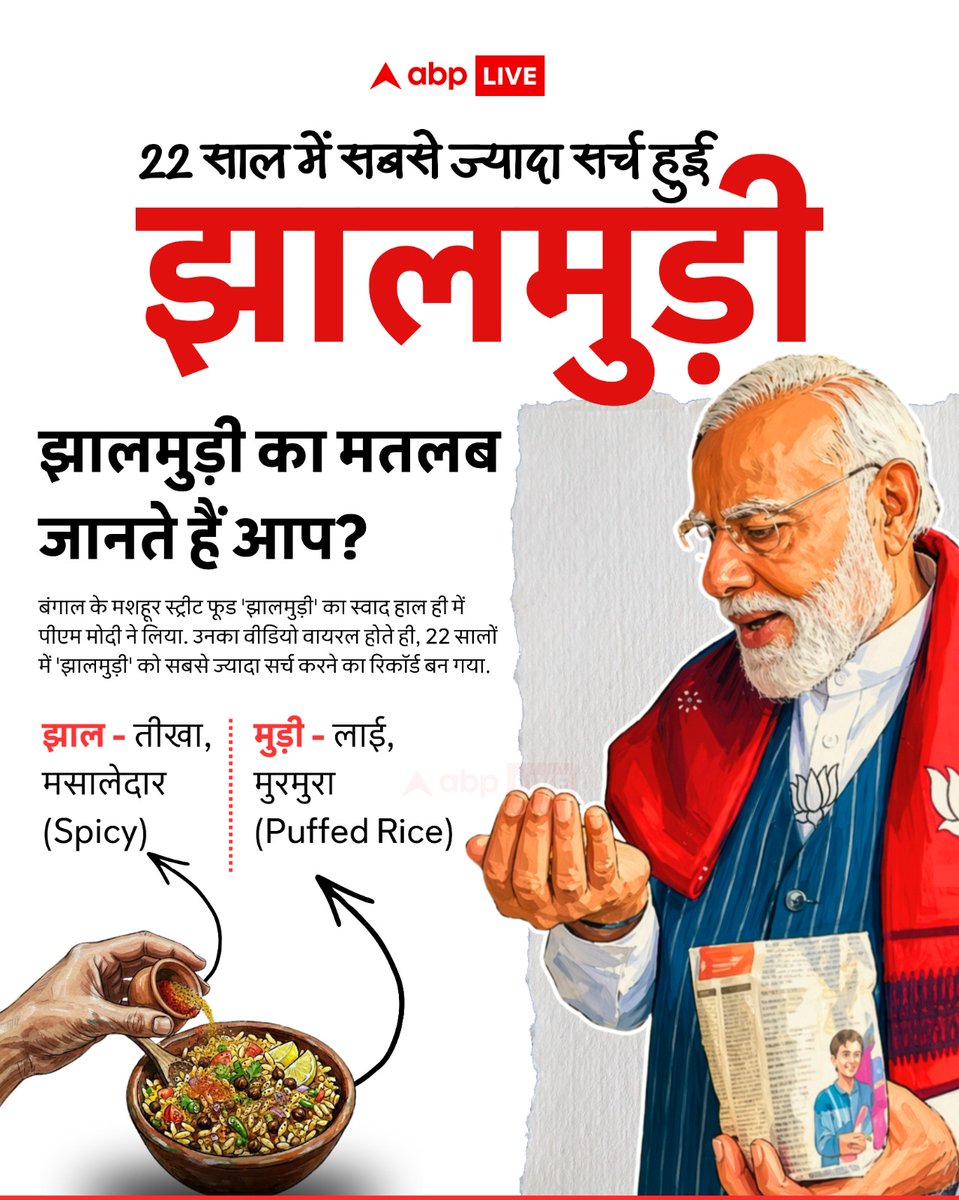 ABPNews's tweet image. 22 साल में सबसे ज्यादा सर्च हुई झालमुड़ी...क्या आप 'झालमुड़ी' का मतलब जानते हैं?

#Jhalmuri #pmmodi #westbengal #elections2026 #googlesearch #abpnews
