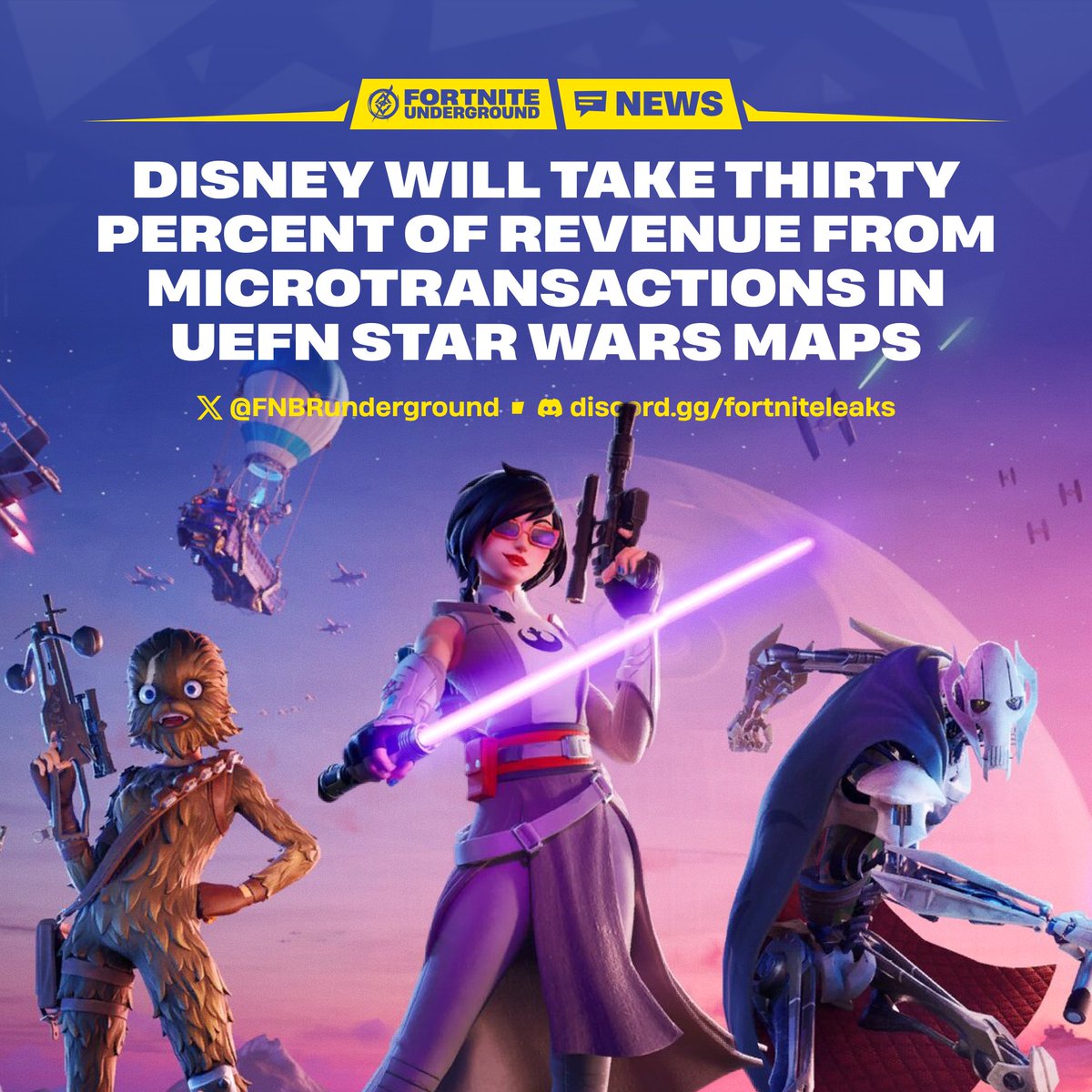 FNBRunderground's tweet image. Disney will take 30% of revenue from microtransactions that #Fortnite creators add to their UEFN Star Wars maps 💵 

While Star Wars is the first of these IP partner programs to support in-island transactions, some creators are concerned that Disney's cut is too high. This is in