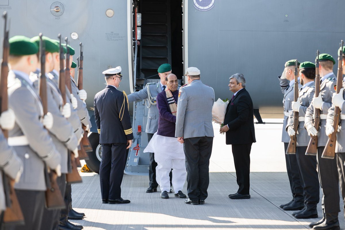 India’s Defence Minister <a href="/rajnathsingh/">Rajnath Singh</a> reached Berlin today on a three day visit to Germany.

He was flown in a Special German Airforce Aircraft, escorted by Fighter jets during his flight from Munich to Berlin and accorded military honours on his arrival in Berlin.