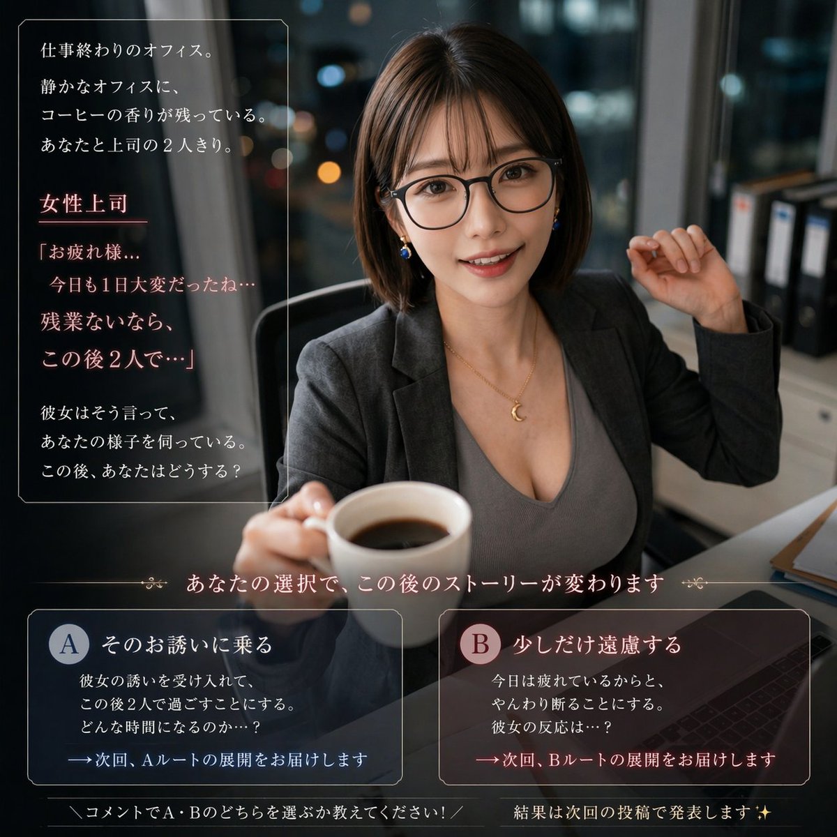 tsukiakari_girl's tweet image. あなたの選択でストーリーが変わるかもしれない…

「お疲れ様…今日も大変だったね」
「残業ないなら、この後2人で…」

A：その誘いに少しだけ踏み込む 
→ このまま一緒に過ごす未来へ

B：やんわりと距離を保つ 
→ いつも通りの関係を選ぶ

※コメント多かった方の続き次回投稿します #AIgirl