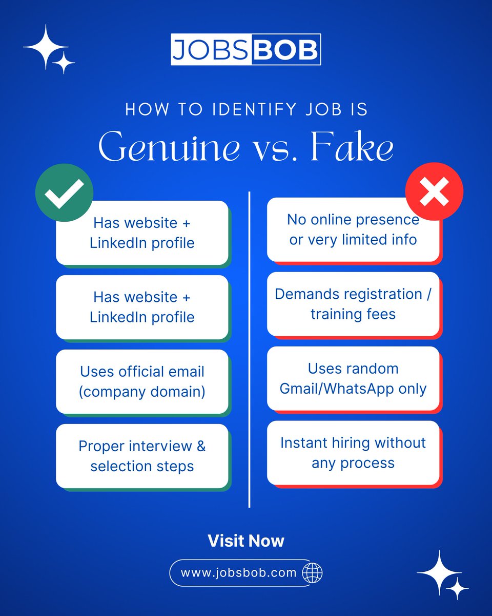 JobsBobOfficial's tweet image. Not every job is real ⚠️

✔ Official email &amp;amp; process = Genuine
❌ Fees &amp;amp; random contact = Red flag
Stay smart. Stay safe. 💼

#JobSearch #FakeJobs #CareerTips #JobsBob
