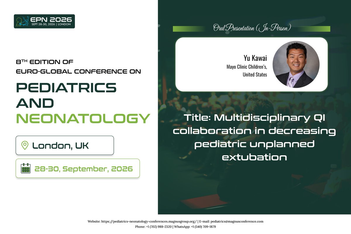PaediatricsConf's tweet photo. 🌟Pleasure to welcome Yu Kawai (Clinic Children's, US) as a Speaker at @PaediatricsConf organized by @magnus_group!

📅 Sept 28-30, 2026 |📍London, UK &amp; Virtually 💻 🔗https://t.co/hGlaD7uZQt 

#EPN2026 #Pediatrics #Neonatology https://t.co/iCm7WyauV5
