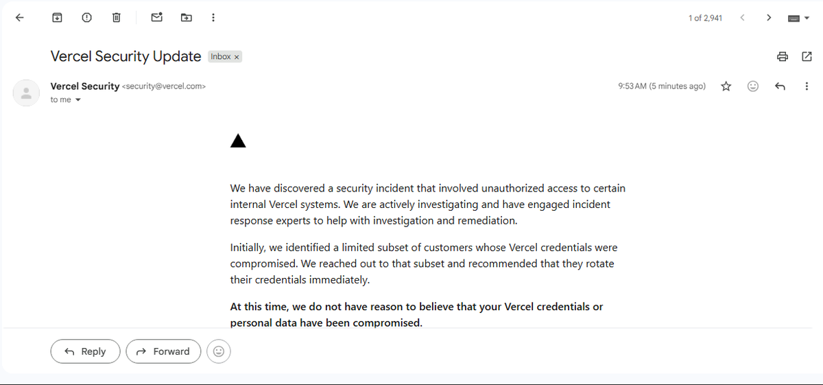 Chisomdrills's tweet photo. from vercel..
We have discovered a security incident that involved unauthorized access to certain internal Vercel systems. 

We are actively investigating and have engaged incident response experts to help with investigation and remediation. https://t.co/vSCljCDcsj